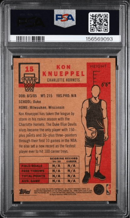 Graded 2026 Topps Living Kon Knueppel #15 Rookie RC Basketball Card PSA 10 Gem Mint