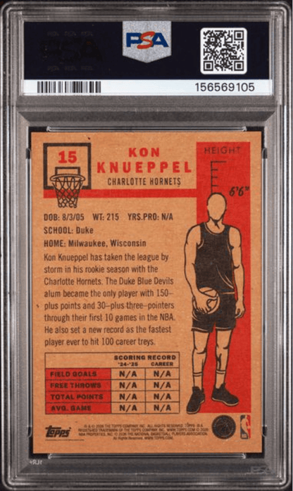Graded 2026 Topps Living Kon Knueppel #15 Rookie RC Basketball Card PSA 9 Mint