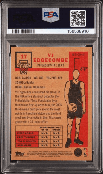 Graded 2026 Topps Living VJ Edgecombe #17 Rookie RC Basketball Card PSA 10 Gem Mint