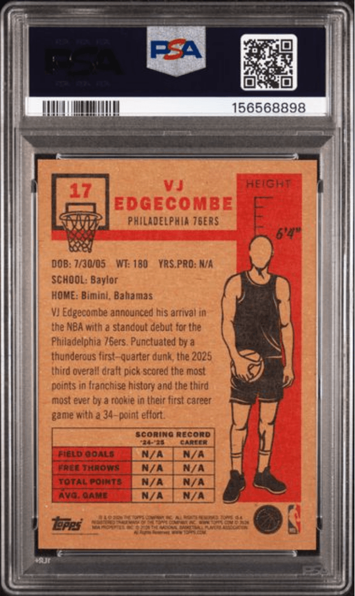 Graded 2026 Topps Living VJ Edgecombe #17 Rookie RC Basketball Card PSA 9 Mint