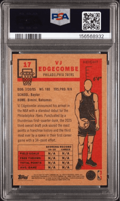 Graded 2026 Topps Living VJ Edgecombe #17 Rookie RC Basketball Card PSA 7 Near Mint