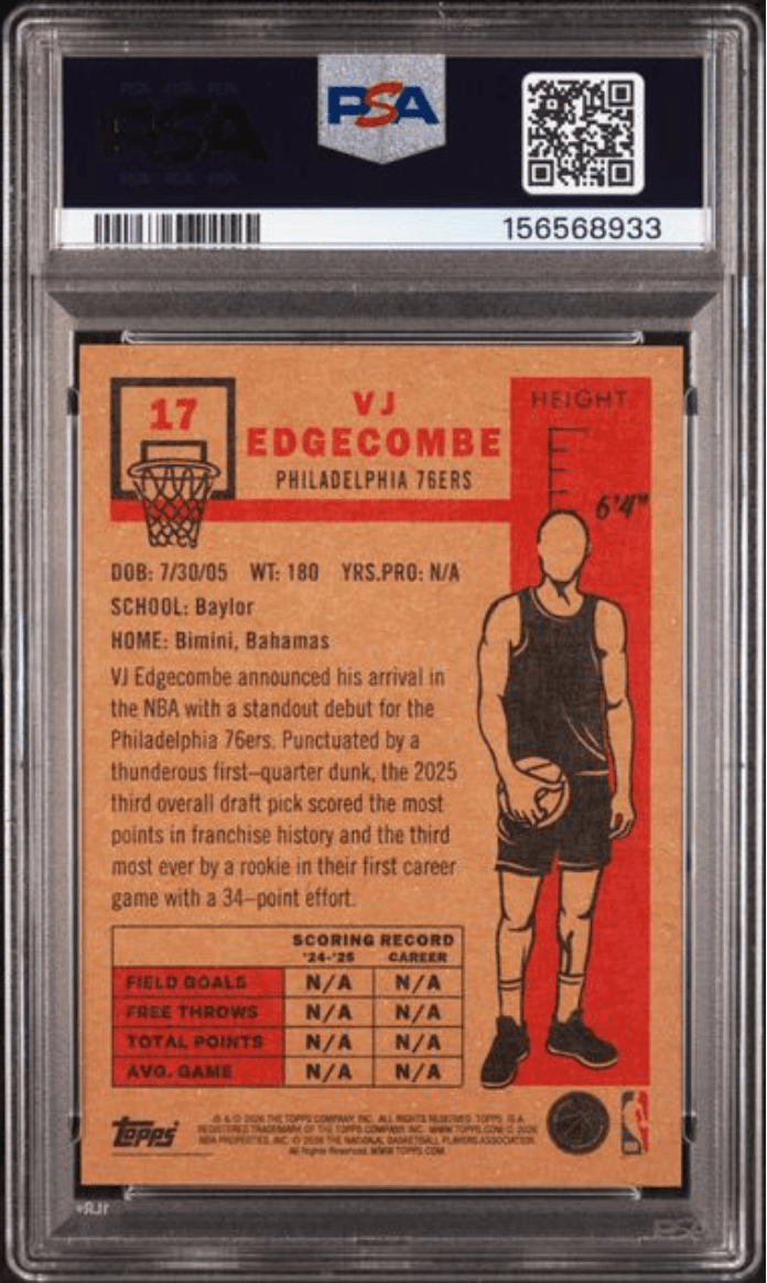 Graded 2026 Topps Living VJ Edgecombe #17 Rookie RC Basketball Card PSA 8 Near Mint