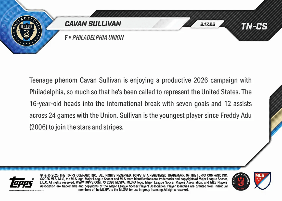 2026 Topps Now Cavan Sullivan #TNCS 16 Year Old is Youngest Since '06 to Join US Squad Soccer Card