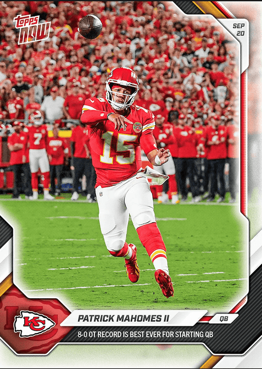 2026 Topps Now Patrick Mahomes #26 8-0 Overtime Record is Best Ever for Starting QB Kansas City Chiefs Football Card