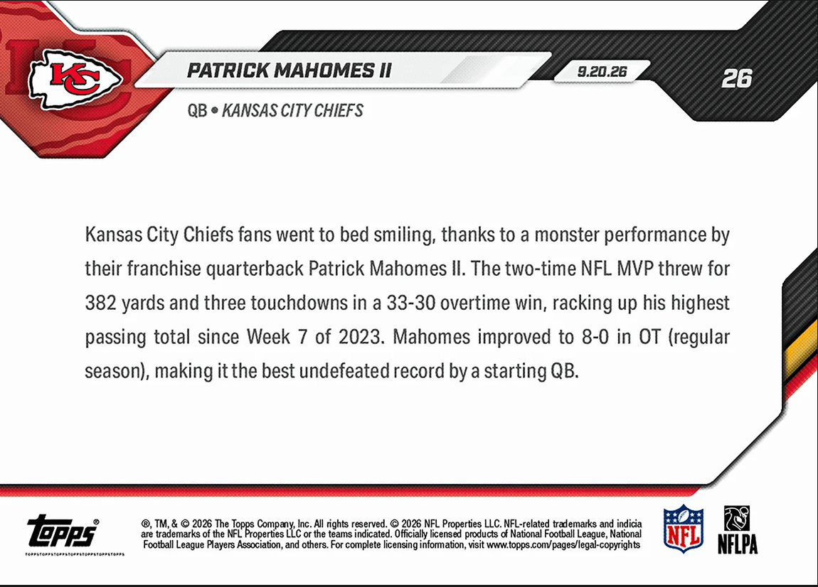 2026 Topps Now Patrick Mahomes #26 8-0 Overtime Record is Best Ever for Starting QB Kansas City Chiefs Football Card