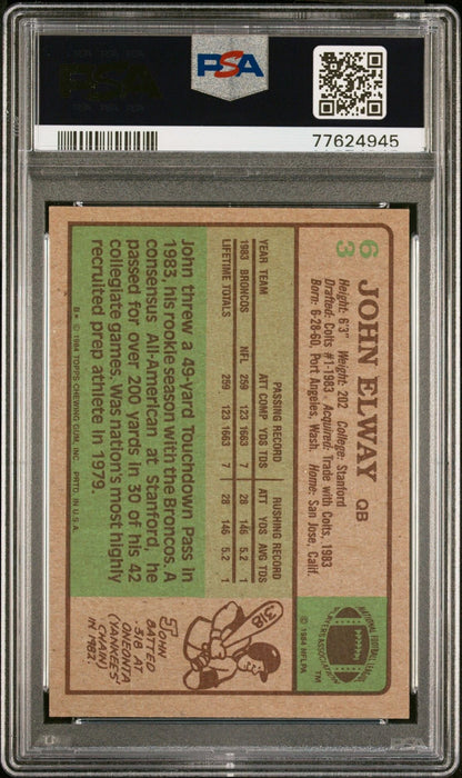 Graded 1984 Topps John Elway #63 Rookie RC Football Card PSA 8 NM-MT