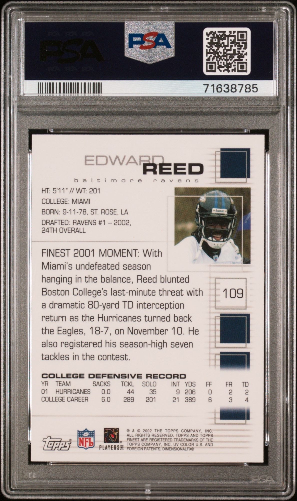 Graded 2002 Topps Finest Ed Reed #109 Rookie RC Football Card PSA 10 Gem Mint