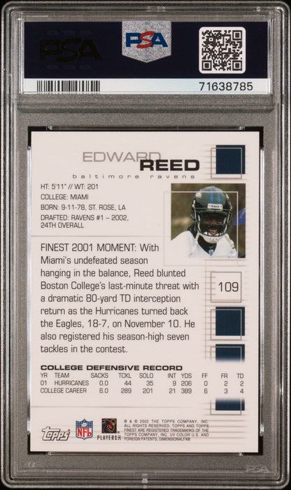 Graded 2002 Topps Finest Ed Reed #109 Rookie RC Football Card PSA 10 Gem Mint