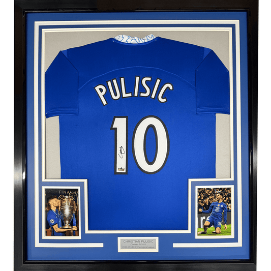 Framed Facsimile Autographed Christian Pulisic 35x39 Chelsea FC Blue Reprint Laser Auto Soccer Jersey
