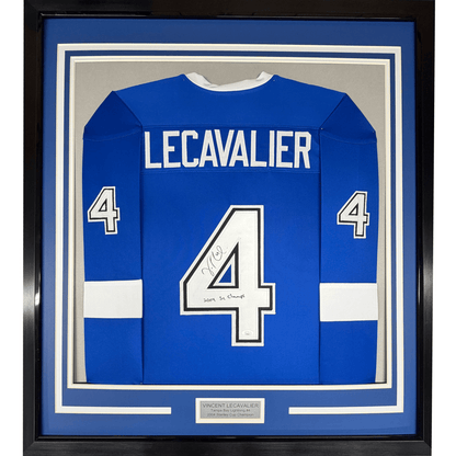 Framed Autographed/Signed Vincent Lecavalier 2004 SC Champs 35x39 Tampa Bay Blue Hockey Jersey JSA COA