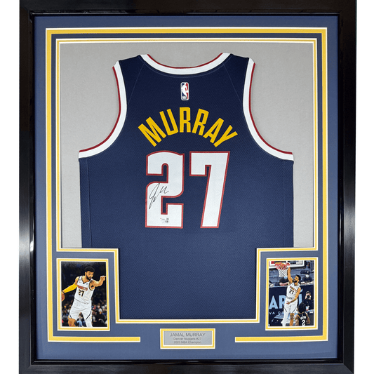 Framed Autographed/Signed Jamal Murray 35x39 Denver Nuggets Blue Authentic Swingman Basketball Jersey Fanatics COA