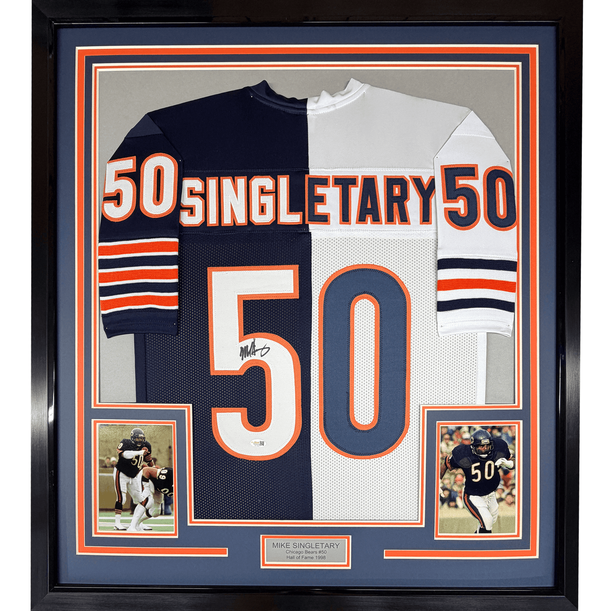 Framed Autographed/Signed Mike Singletary HOF 98 35x39 Chicago Splite Football Jersey JSA COA