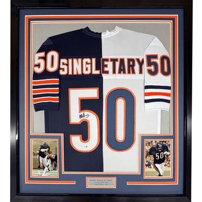 Framed Autographed/Signed Mike Singletary HOF 98 35x39 Chicago Splite Football Jersey JSA COA