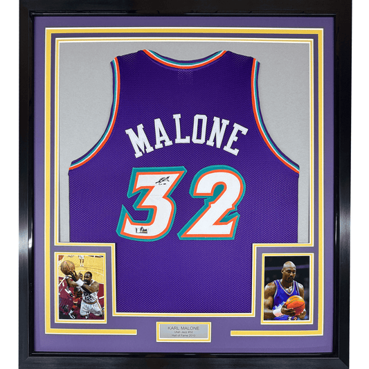 Framed Facsimile Autographed Karl Malone 35x39 Utah Jazz Reprint Laser Auto Basketball Jersey