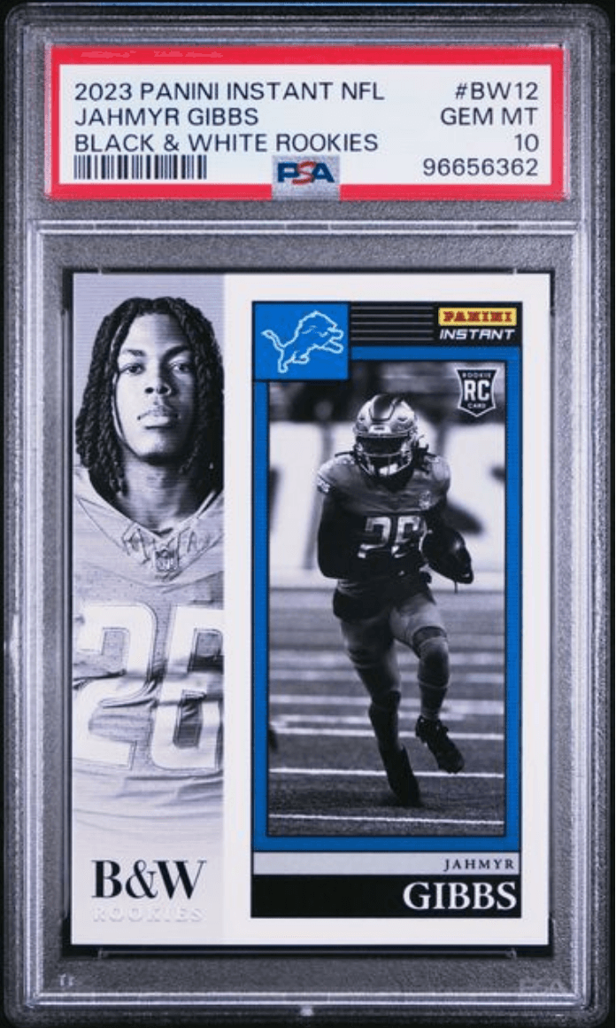 Graded 2023 Panini Instant NFL Jahmyr Gibbs #BW12 Black & White Rookies /216 Rookie RC Football Card PSA 10 Gem Mint