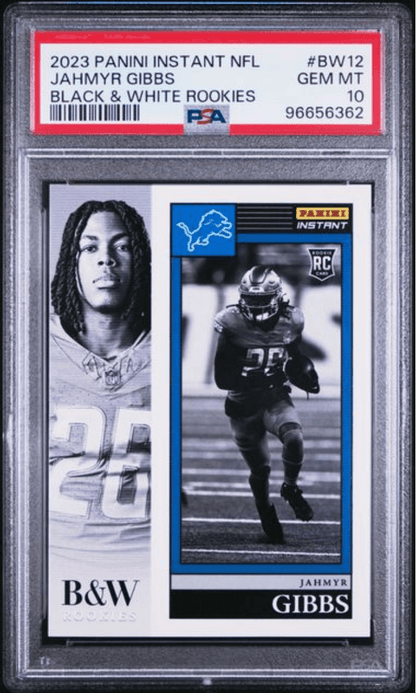 Graded 2023 Panini Instant NFL Jahmyr Gibbs #BW12 Black & White Rookies /216 Rookie RC Football Card PSA 10 Gem Mint