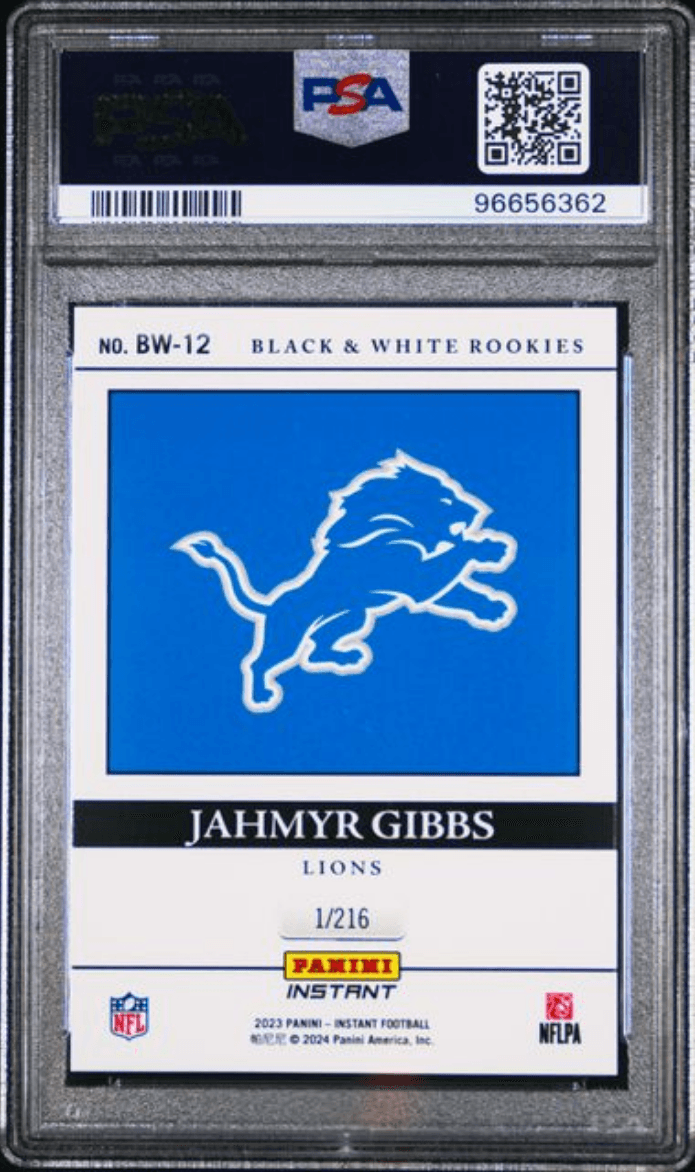 Graded 2023 Panini Instant NFL Jahmyr Gibbs #BW12 Black & White Rookies /216 Rookie RC Football Card PSA 10 Gem Mint