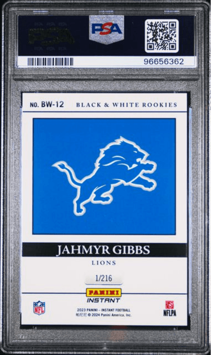 Graded 2023 Panini Instant NFL Jahmyr Gibbs #BW12 Black & White Rookies /216 Rookie RC Football Card PSA 10 Gem Mint