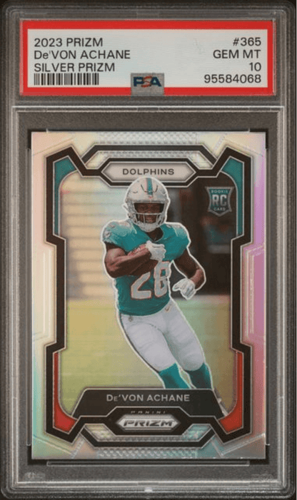 Graded 2023 Panini Prizm Devon Achane #365 Silver Prizm Rookie RC Football Card PSA 10 Gem Mint