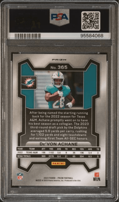 Graded 2023 Panini Prizm Devon Achane #365 Silver Prizm Rookie RC Football Card PSA 10 Gem Mint