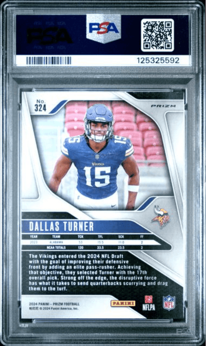 Graded 2024 Panini Prizm Dallas Turner #324 Pink Wave Rookie RC Football Card PSA 10 Gem Mint