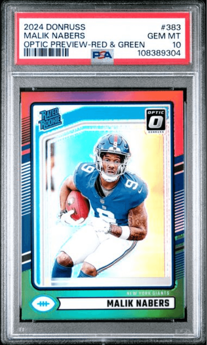 Graded 2024 Panini Donruss Malik Nabers #383 Optic Preview Red & Green Rookie RC Football Card PSA 10 Gem Mint