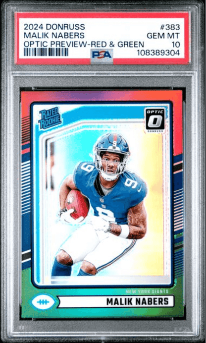 Graded 2024 Panini Donruss Malik Nabers #383 Optic Preview Red & Green Rookie RC Football Card PSA 10 Gem Mint