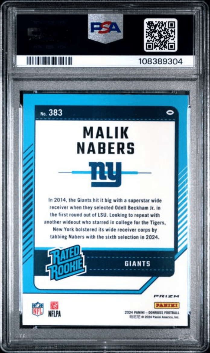 Graded 2024 Panini Donruss Malik Nabers #383 Optic Preview Red & Green Rookie RC Football Card PSA 10 Gem Mint