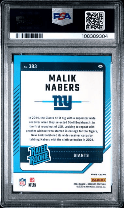Graded 2024 Panini Donruss Malik Nabers #383 Optic Preview Red & Green Rookie RC Football Card PSA 10 Gem Mint