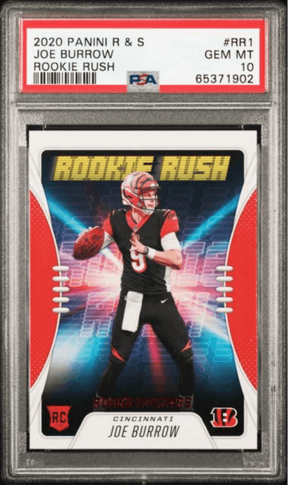 Graded 2020 Panini Rookies & Stars Joe Burrow #RR1 Rookie Rush Rookie RC Football Card PSA 10 Gem Mint