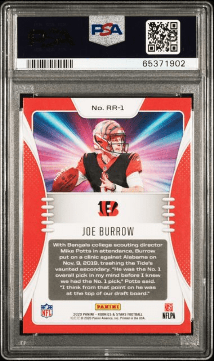 Graded 2020 Panini Rookies & Stars Joe Burrow #RR1 Rookie Rush Rookie RC Football Card PSA 10 Gem Mint