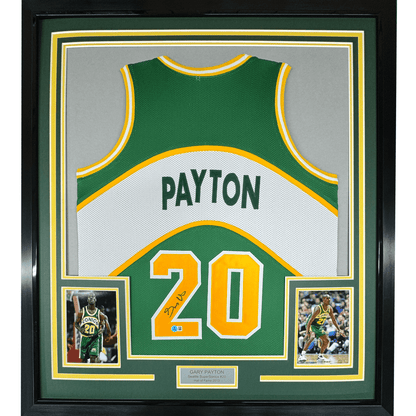 Framed Autographed/Signed Gary Payton 35x39 Seattle Green Basketball Jersey JSA COA