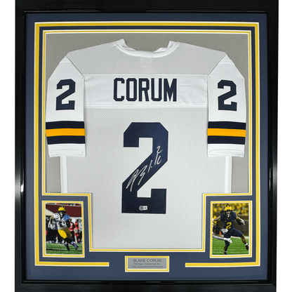 Framed Autographed/Signed Blake Corum 35x39 Michigan White College Football Jersey Beckett BAS COA