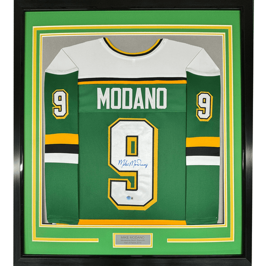 Framed Autographed/Signed Mike Modano HOF 2014 35x39 Minnesota Green Hockey Jersey Beckett BAS COA