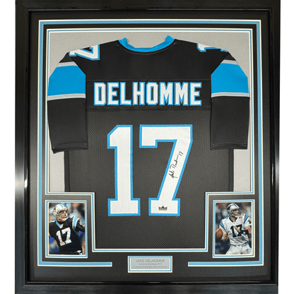 Framed Facsimile Autographed Jake Delhomme 35x39 Carolina Black Reprint Laser Auto Football Jersey
