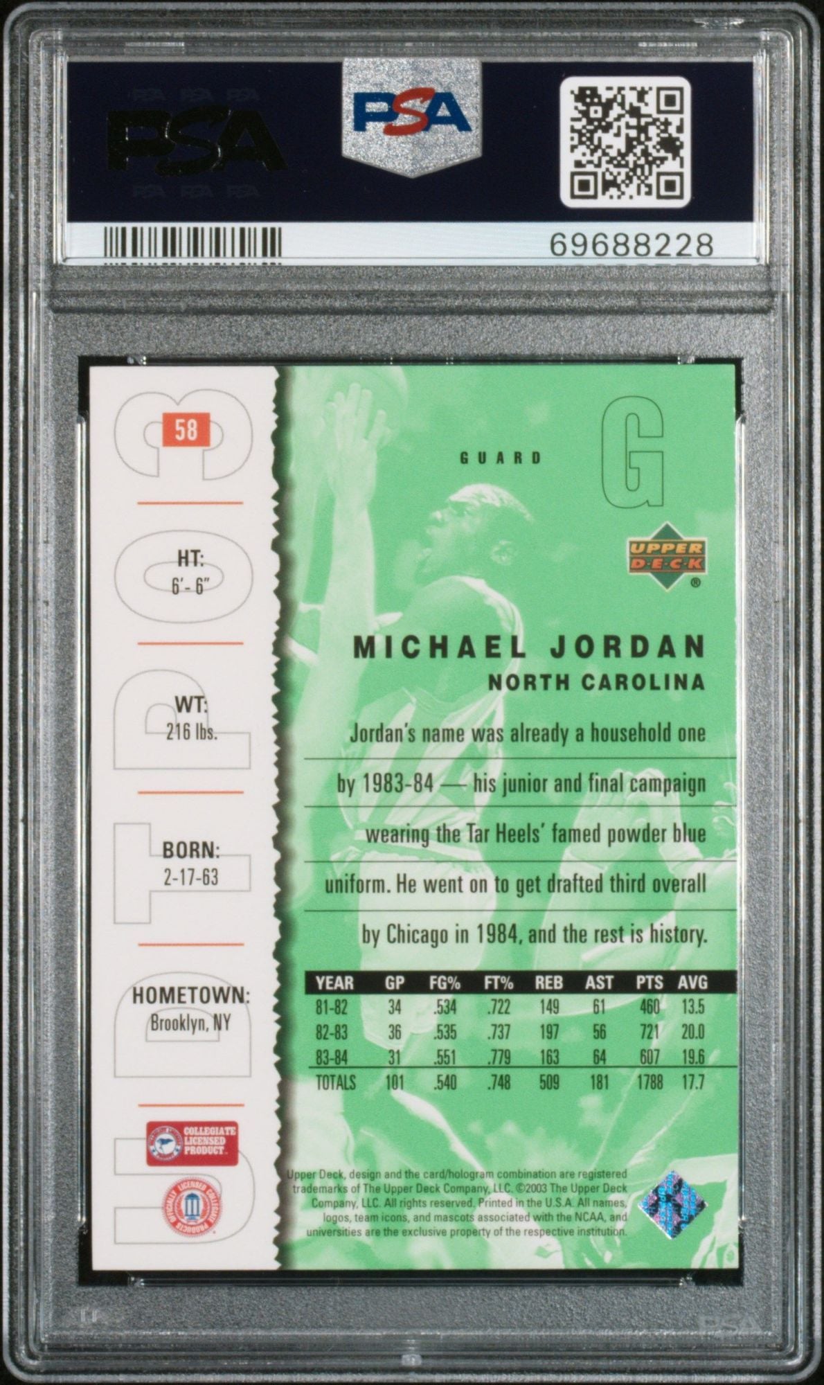 Graded 2003 Upper Deck UD Michael Jordan #58 Top Prospects Basketball Card PSA 10 Gem Mint