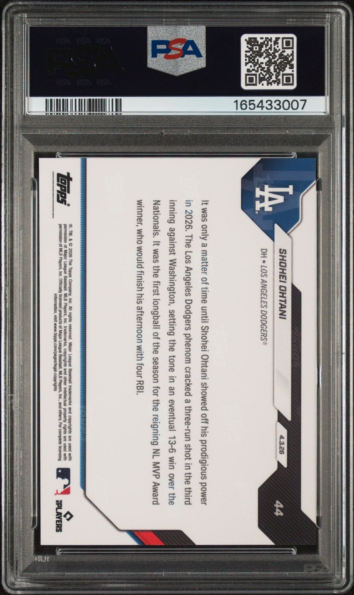 Graded 2026 Topps Now Shohei Ohtani #44 Crushes 1st HR of Season Baseball Card PSA 10 Gem Mint