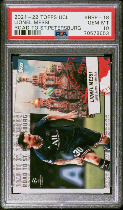 Graded 2020 Topps UCL Lionel Messi #RSP18 UEFA Chamions League Road To St. Petersburg Soccer Card PSA 10 Gem Mint