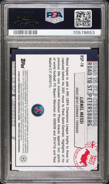 Graded 2020 Topps UCL Lionel Messi #RSP18 UEFA Chamions League Road To St. Petersburg Soccer Card PSA 10 Gem Mint