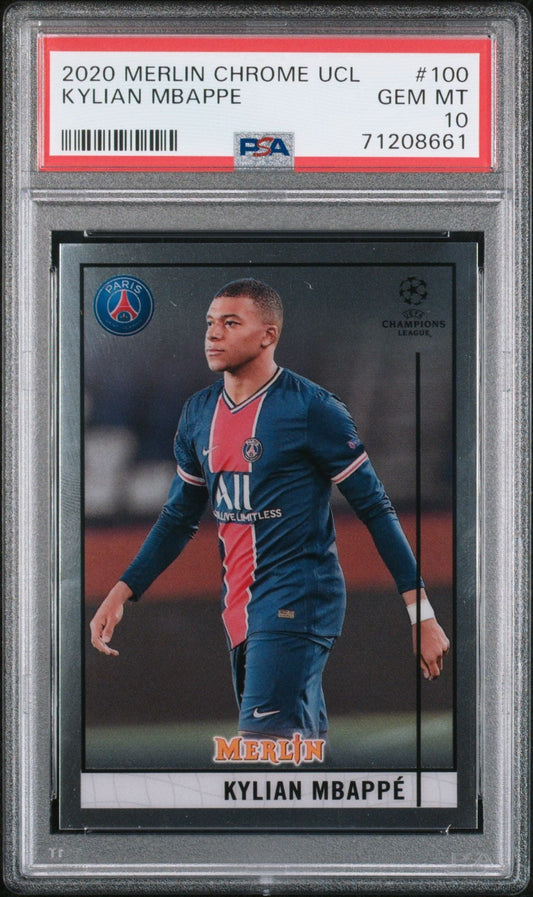 Graded 2020 Merlin Topps Chrome UCL Kylian Mbappe #100 UEFA Champions League Soccer Card PSA 10 Gem Mint