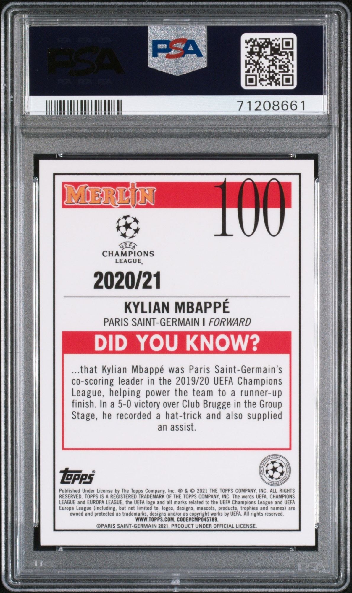 Graded 2020 Merlin Topps Chrome UCL Kylian Mbappe #100 UEFA Champions League Soccer Card PSA 10 Gem Mint