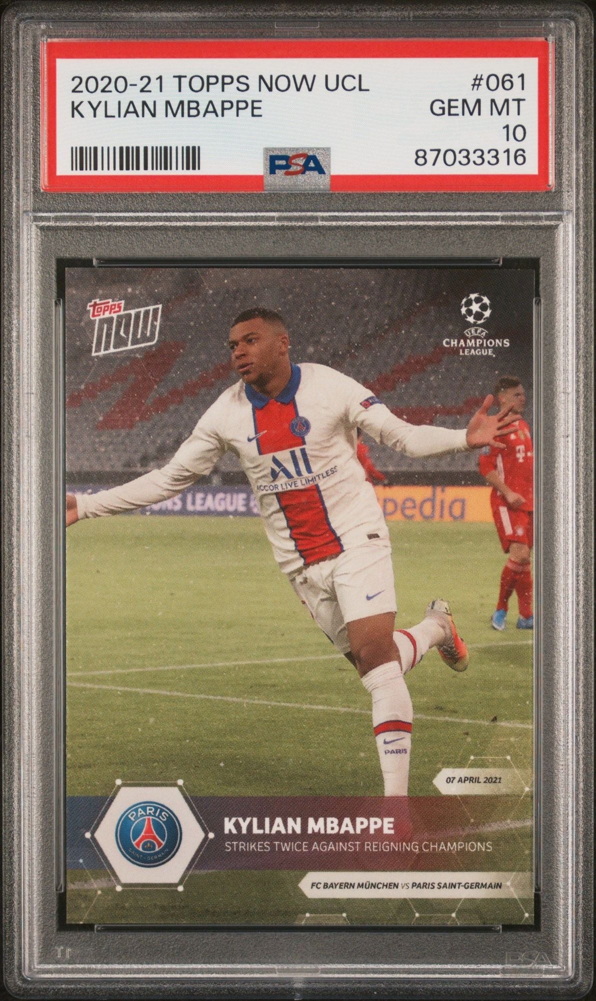 Graded 2020 Topps Now UCL Kylian Mbappe #061 UEFA Champions League Strikes Twice Soccer Card PSA 10 Gem Mint