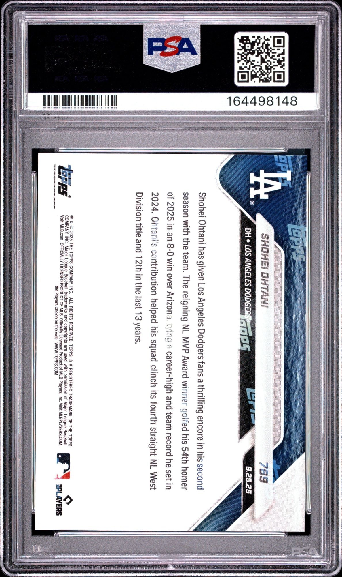 Graded 2025 Topps Now Shohei Ohtani #769 54th Home Run Baseball Card PSA 10 Gem Mint