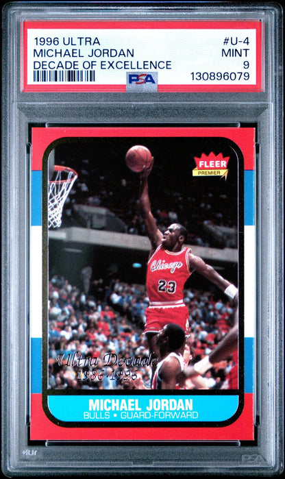 Graded 1996 Fleer Ultra Michael Jordan #U4 Decade of Excellence Rookie Reprint Basketball Card PSA 9 Mint