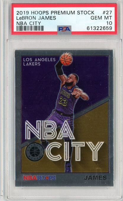 Graded 2019 Panini Hoops Premium Stock LeBron James #27 NBA City Basketball Card PSA 10 Gem Mint