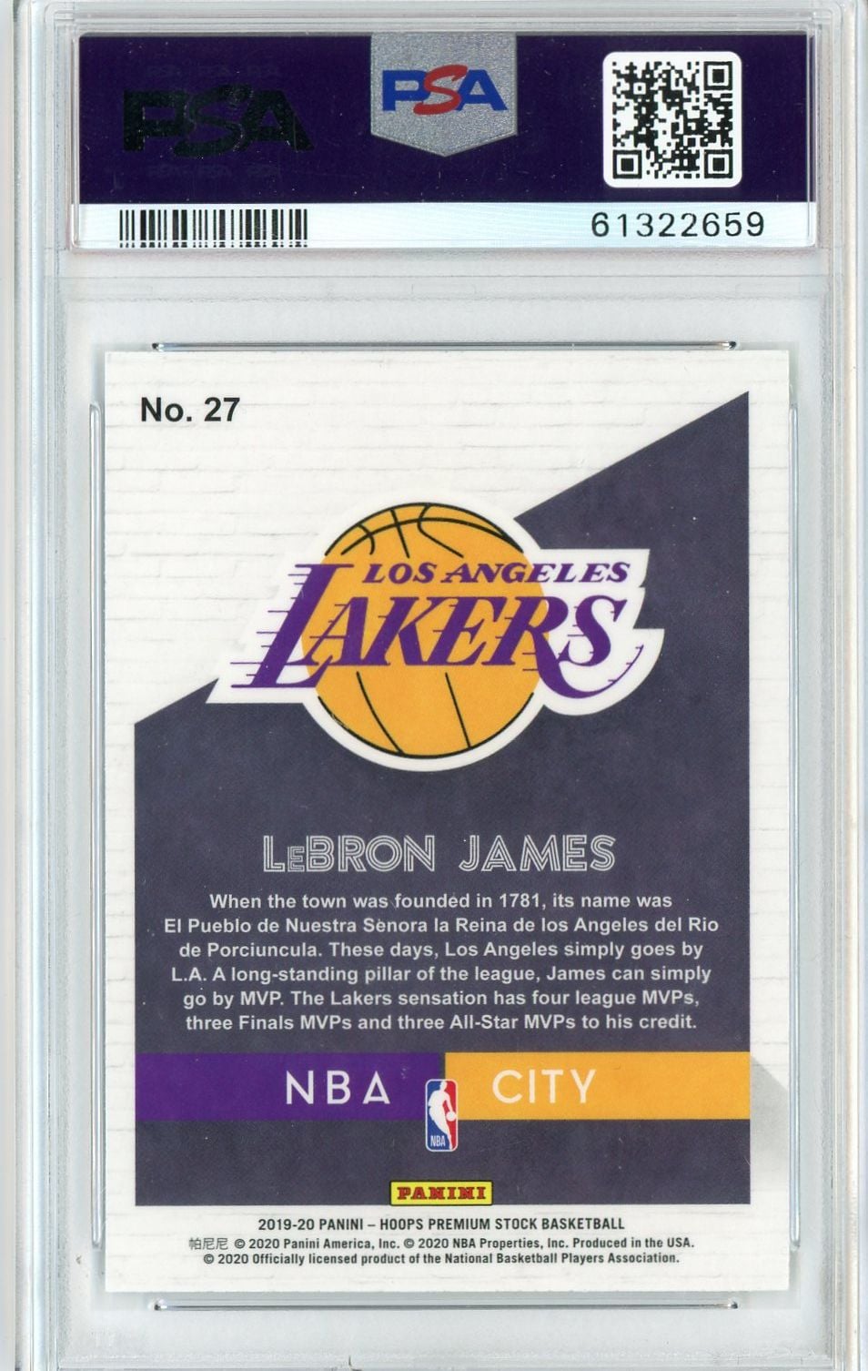 Graded 2019 Panini Hoops Premium Stock LeBron James #27 NBA City Basketball Card PSA 10 Gem Mint