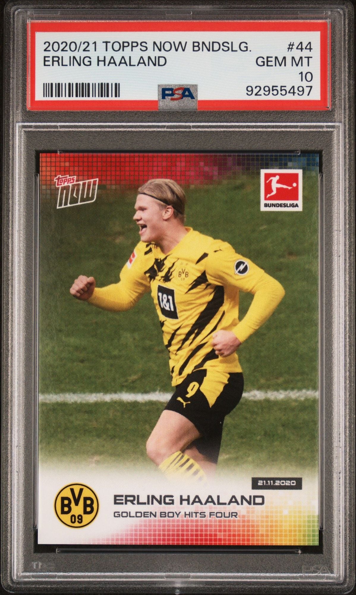 Graded 2020 Topps Now Bundesliga Erling Haaland #44 Golden Boy Hits Four Soccer Card PSA 10 Gem Mint