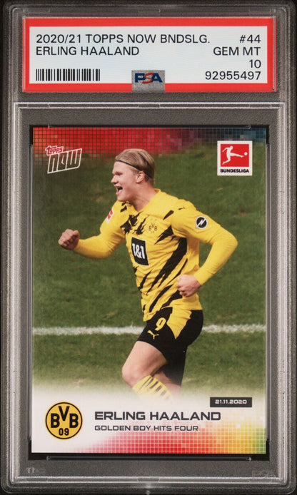 Graded 2020 Topps Now Bundesliga Erling Haaland #44 Golden Boy Hits Four Soccer Card PSA 10 Gem Mint
