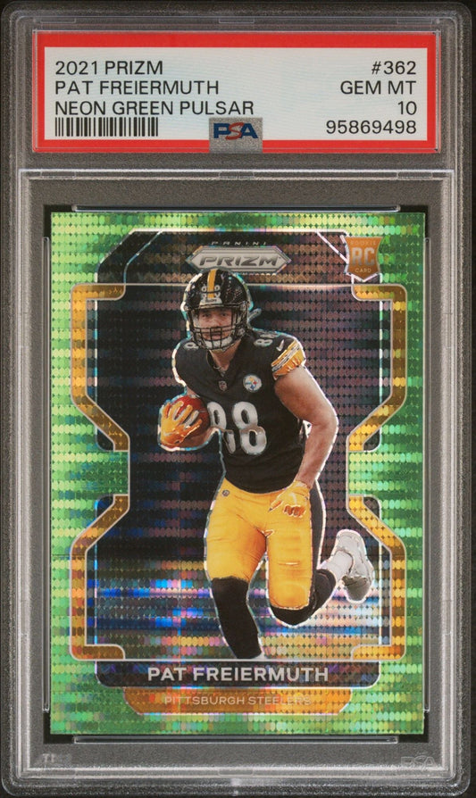 Graded 2021 Panini Prizm Pat Freiermuth #362 Neon Green Pulsar Rookie RC Football Card PSA 10 Gem Mint
