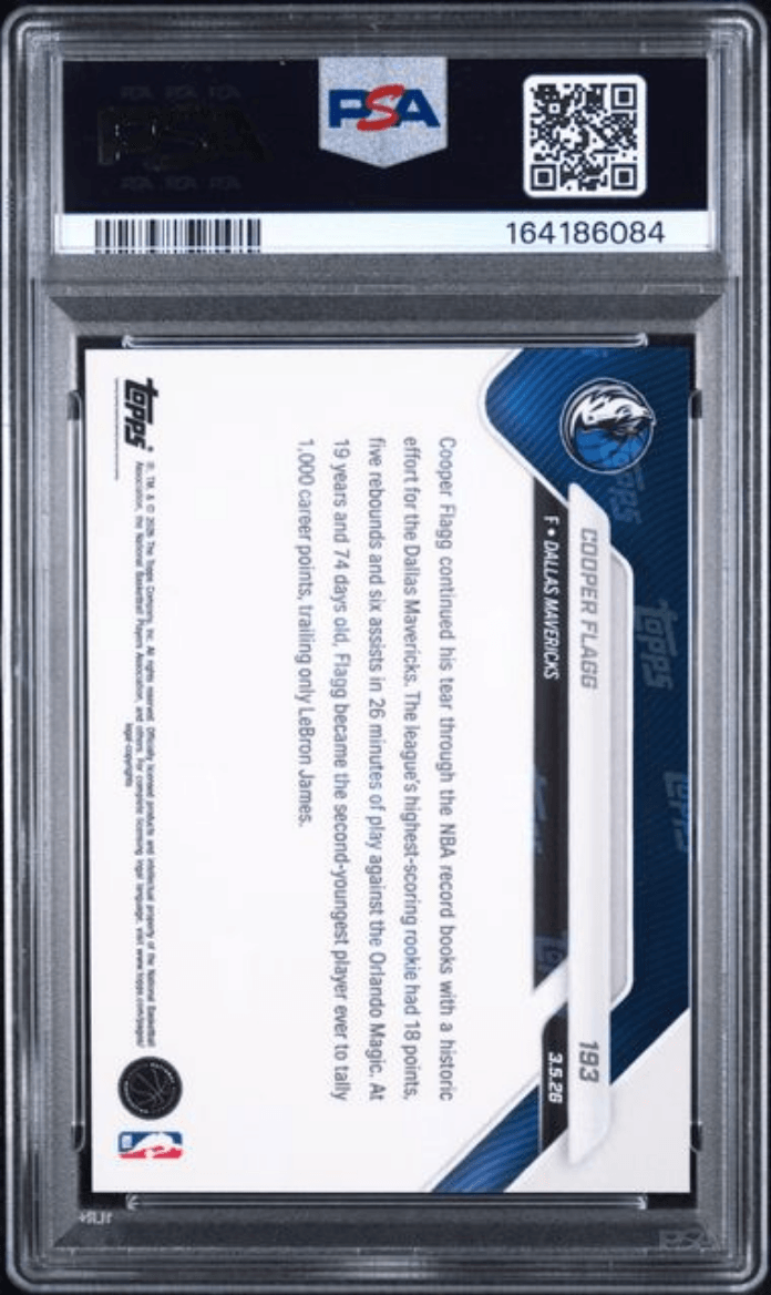Graded 2025 Topps Now Cooper Flagg #193 Rookie RC Basketball Card PSA 10 Gem Mint
